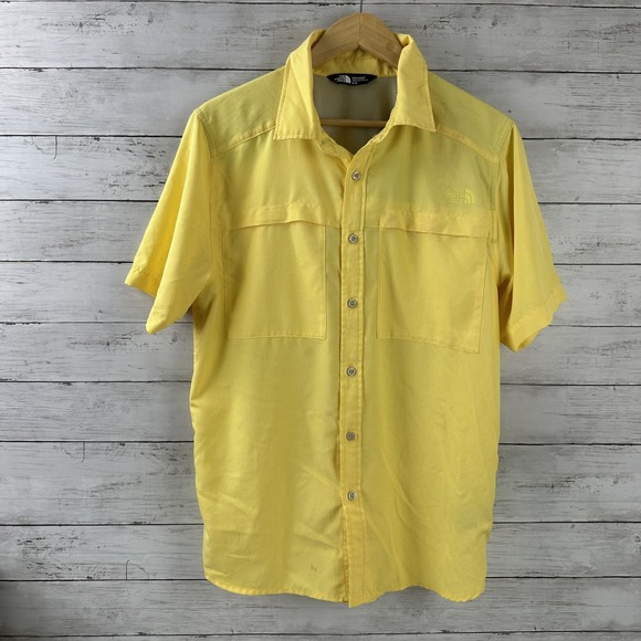 North Face Mens Shirt Medium Button Up Short‎ Sleeve Yellow Fishing Vented - Picture 1 of 12